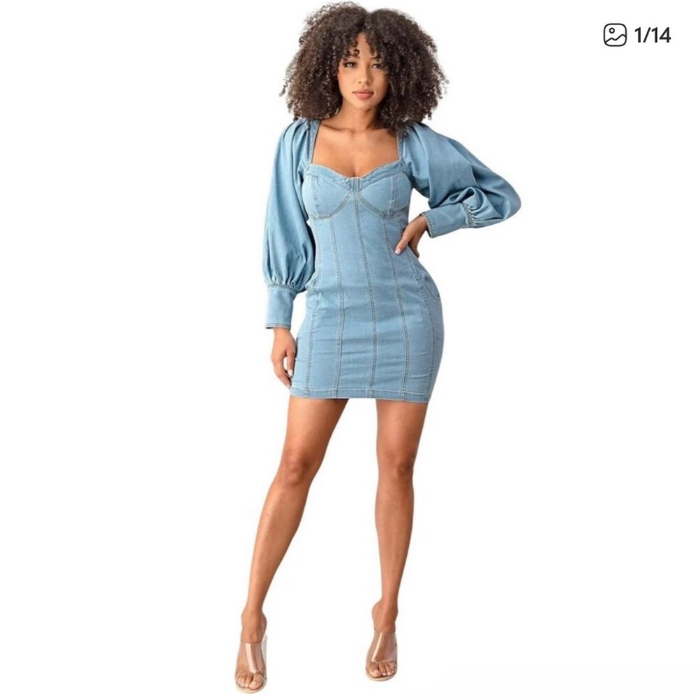 Off-Shoulder Denim Dress with Puff Sleeves